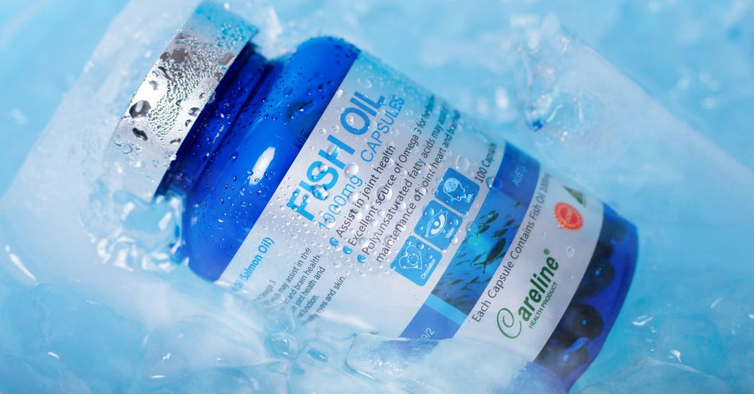 A bottle of omega 3 fish oil supplement for dogs, placed on a clean white background, representing natural skin care for pets.