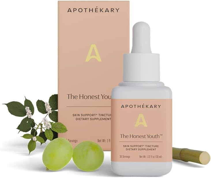 Apothékary The Honest Youth, Collagen & Skin Support Herbal Liquid Drops, Traditionally Used to Support Skin Radiance with Reishi and Tremella Mushroom, Vegan, Gluten-free, 30 ml, 30 Servings - görsel 1