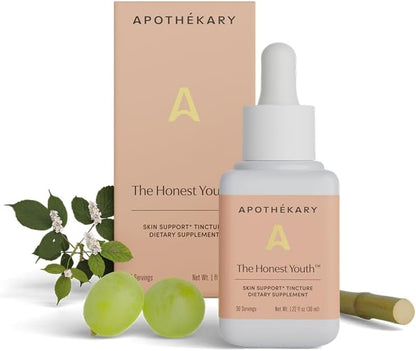 Apothékary The Honest Youth, Collagen & Skin Support Herbal Liquid Drops, Traditionally Used to Support Skin Radiance with Reishi and Tremella Mushroom, Vegan, Gluten-free, 30 ml, 30 Servings