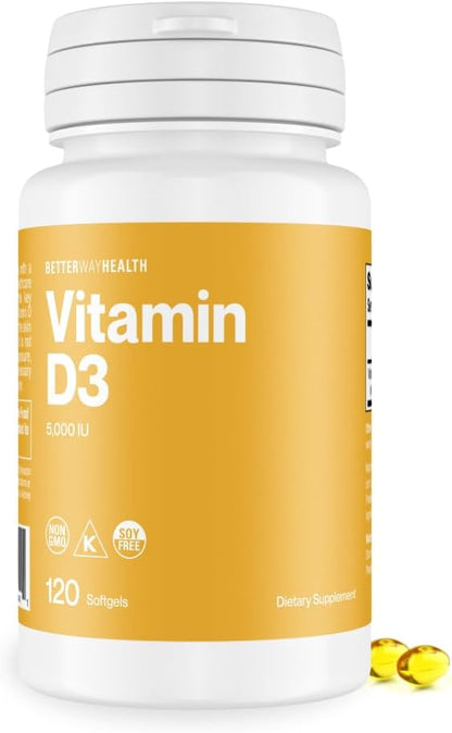 Better Way Health Vitamin D3 5000 IU Softgels – Immune & Bone Support, 120 Count