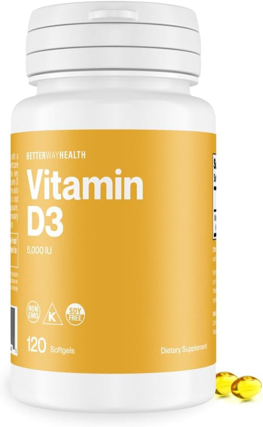 Better Way Health Vitamin D3 5000 IU Softgels – Immune & Bone Support, 120 Count