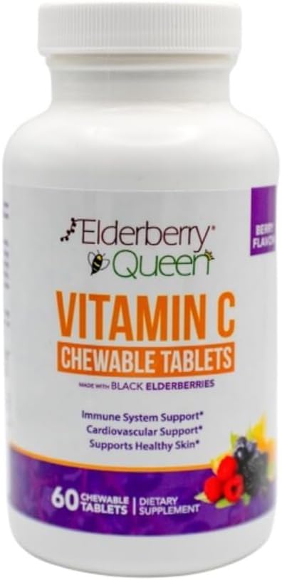 Elderberry Queen Chewable Vitamin C 500mg – Immune Boost & Antioxidant Support Tablets with Vitamin A, E & Organic Echinacea, Elder Fruit, Acerola – Natural Dietary Supplement, 60 Count - görsel 1