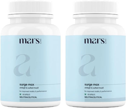 Mars Natural Surgemax Caps : Powered by Shilajit and Safed Musli | Natural Energy Booster | Strength, Stamina, Immunity - 60 Capsules (Pack of 2)