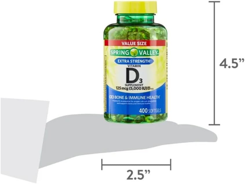 Vitamin D3 Spring Valley Soft gel capsule Capsules, 125 mcg (5,000 IU), 400 Count – with Gift Face Ice Roller - görsel 8