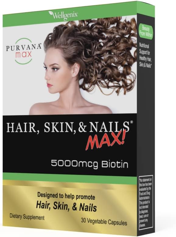 Wellgenix Purvana MAX Hair, Skin and Nails Supplement – 5000mcg Biotin with MSM & B-Complex – 60 Veggie Capsules (2 Pack) - görsel 8