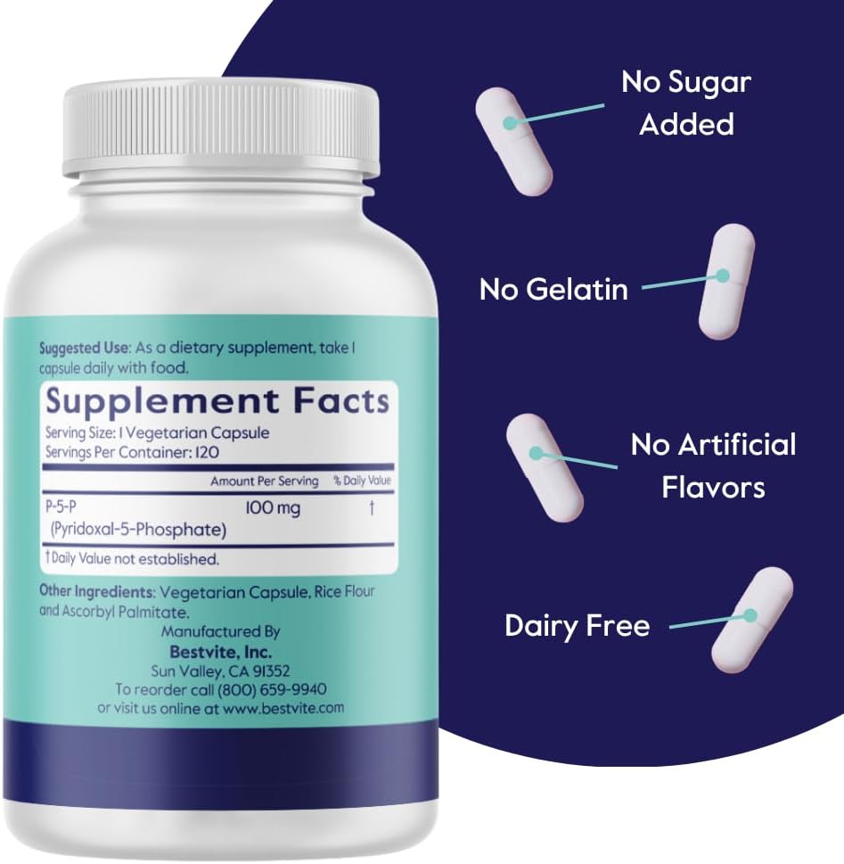 BESTVITE P-5-P 100 mg (120 Vegetarian Capsules) – CoEnzymated Form of Vitamin B6 - görsel 3