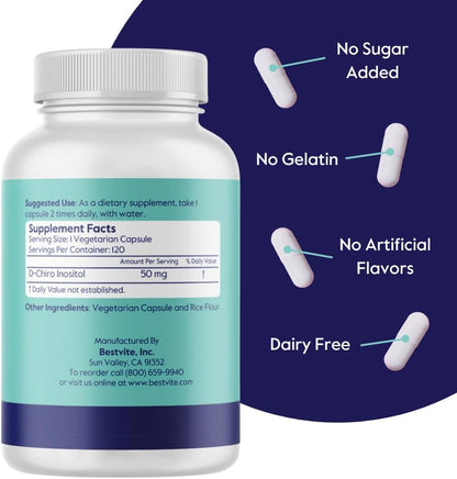 BESTVITE D-Chiro Inositol (120 Vegetarian Capsules) - No Stearates - Vegan - Non-GMO - Gluten-free