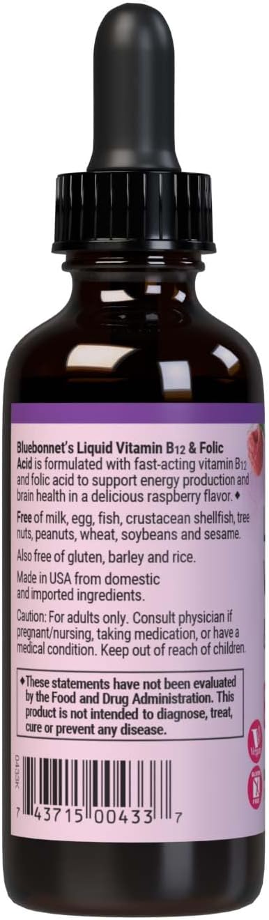 BlueBonnet Liquid Vitamin B12 & Folic Acid Drops - Raspberry, Vegan, 2 fl oz (59 Servings) - görsel 3