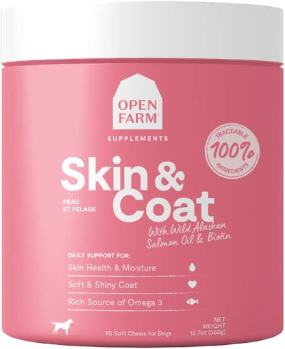 Open Farm Skin & Coat Chews, Dog Supplement, Dog Vitamins, Supports a Soft and Shiny Coat Using Traceable and Vet-Approved Ingredients, 12.7 oz (approx 360 g), 90 Count