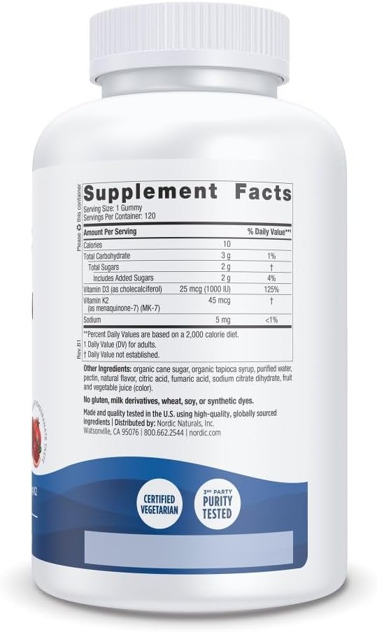 Nordic Naturals Vitamin D3 + K2 Gummies - 120 Gummies - 1000 IU D3 & 45 mcg K2 MK-7 - Pomegranate Flavour - görsel 2