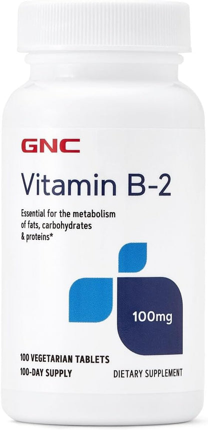 GNC Vitamin B2 100mg Supplement, Essential for Metabolism of Fats, Carbohydrates and Proteins, 100 Tablets