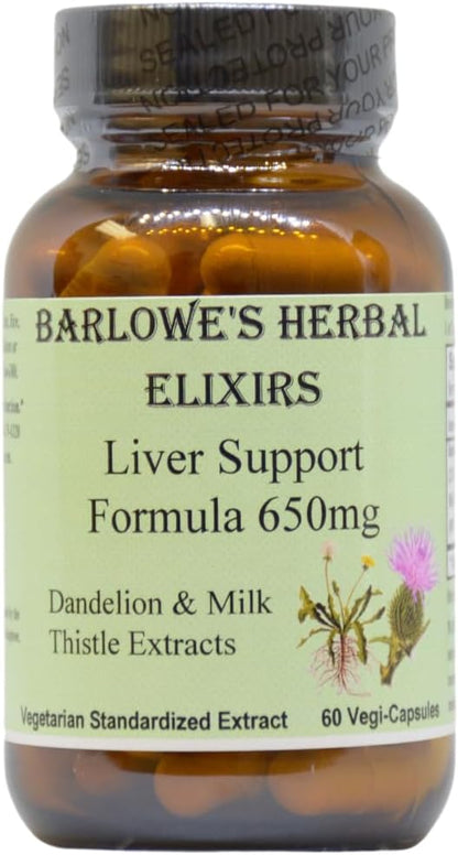 Barlowe's Herbal Elixirs Liver Support Formula | Dandelion Root & Milk Thistle Extract | 650mg per Capsule | 60 Vegan Capsules | Stearate-Free, Glass Bottle