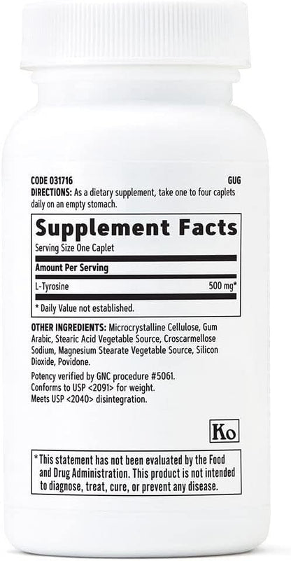 GNC L-Tyrosine 500mg, Free-Form Amino Acid, 60 Vegetarian Caplets