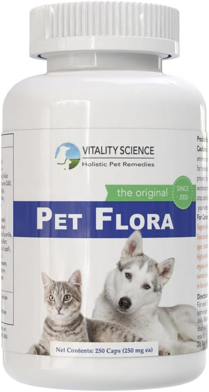 Vitality Science Pet Flora – Natural Probiotics for Cats and Dogs, Digestive Support Supplement, 250 Capsules