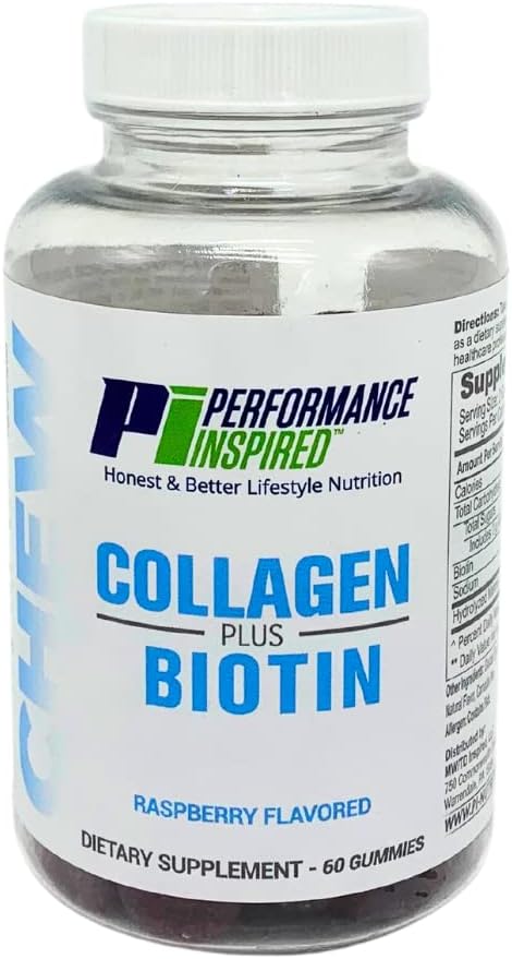 PERFORMANCE INSPIRED Nutrition Collagen + Biotin Gummies – Hydrolysed Marine Collagen – Supports Hair, Skin & Nails – Raspberry Flavour – 60 Count - görsel 1