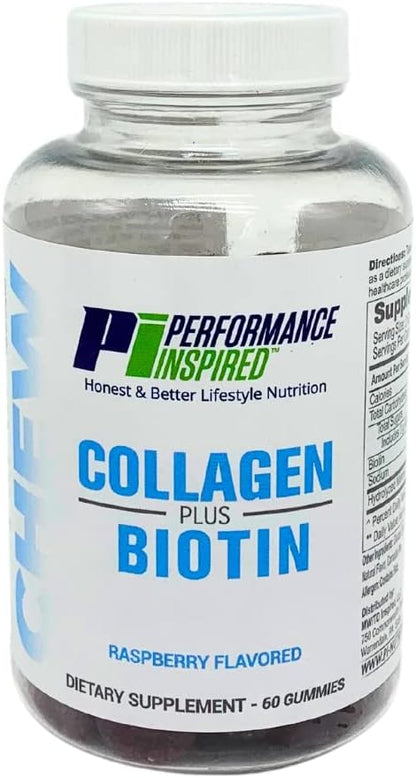 PERFORMANCE INSPIRED Nutrition Collagen + Biotin Gummies – Hydrolysed Marine Collagen – Supports Hair, Skin & Nails – Raspberry Flavour – 60 Count