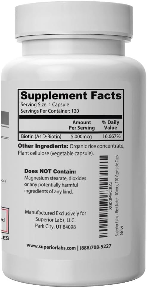Superior Labs Biotin 5000 mcg – Non-GM Supplement for Hair, Skin and Nails – 120 Vegetable Capsules - görsel 3
