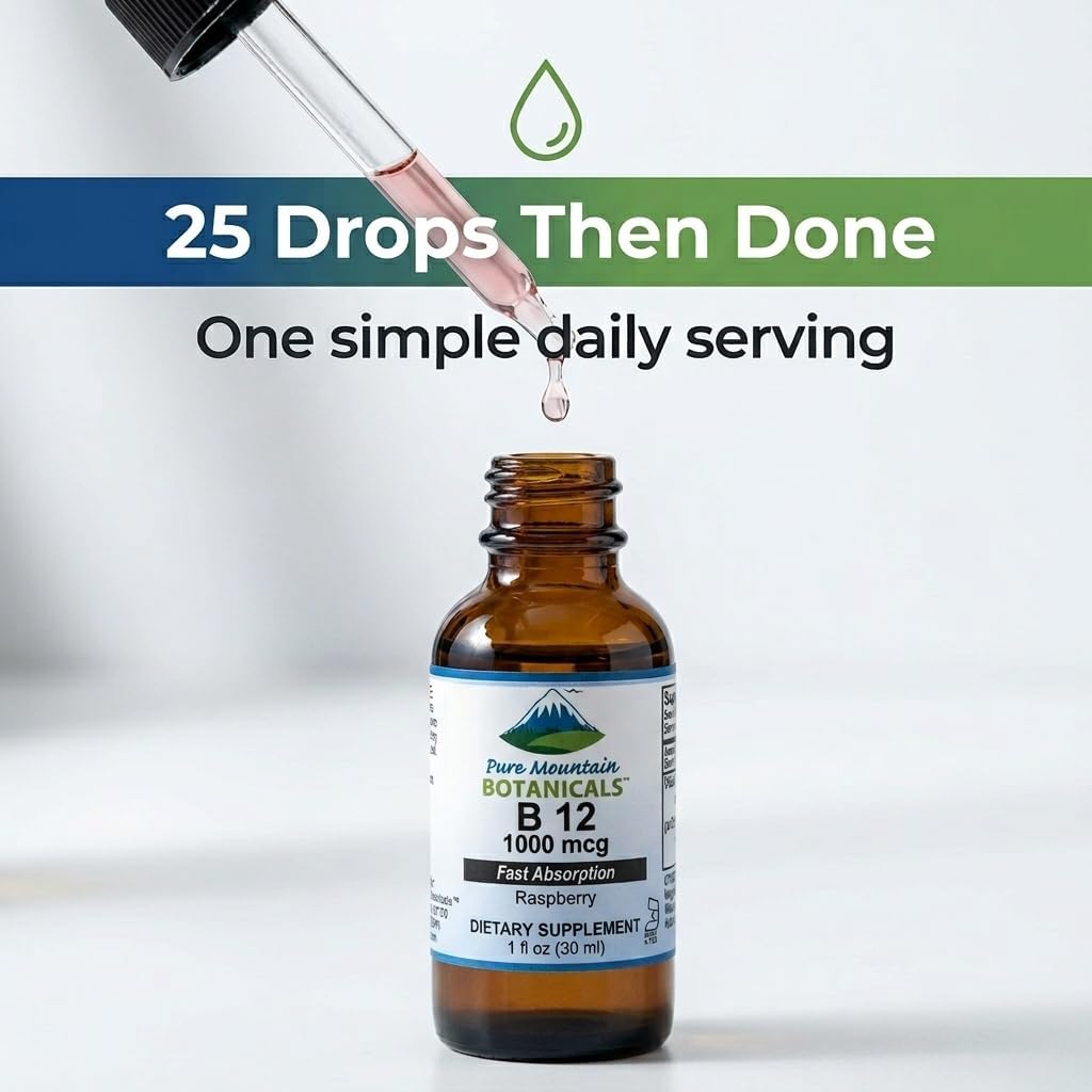 Pure Mountain Botanicals B12 1000 mcg - B12 Complex - Natural Berry Flavour - 30 Servings - Liquid Drops Vitamin - Kosher Supplement - görsel 4