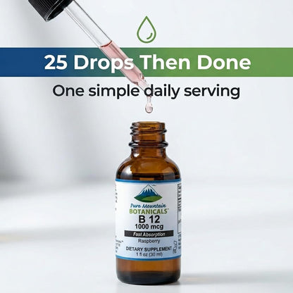 Pure Mountain Botanicals B12 1000 mcg - B12 Complex - Natural Berry Flavour - 30 Servings - Liquid Drops Vitamin - Kosher Supplement