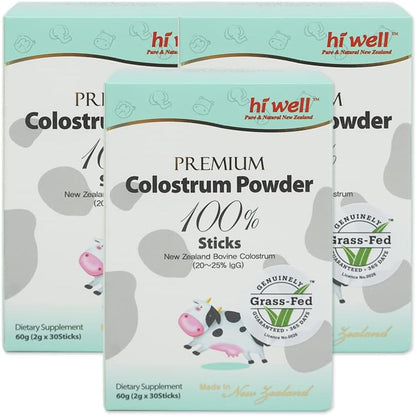 Hi Well Premium Grass-Fed Colostrum Powder 100% 2g 30 Sticks (Pack of 2)