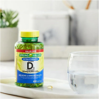 Vitamin D3 Spring Valley Soft gel capsule Capsules, 125 mcg (5,000 IU), 400 Count – with Gift Face Ice Roller