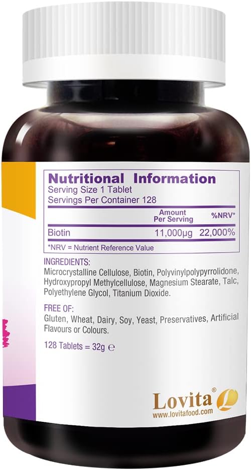 LOVITA Maximum Strength 11,000mcg Biotin: Fast-Dissolving, Vegetarian Tablets - Easily Absorbed, Gluten & Dairy-Free, 128 Vegan-Friendly Tablets (Pack of 3) - görsel 5