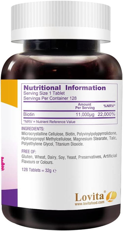 LOVITA Maximum Strength 11,000mcg Biotin: Fast-Dissolving, Vegetarian Tablets - Easily Absorbed, Gluten & Dairy-Free, 128 Vegan-Friendly Tablets (Pack of 3)