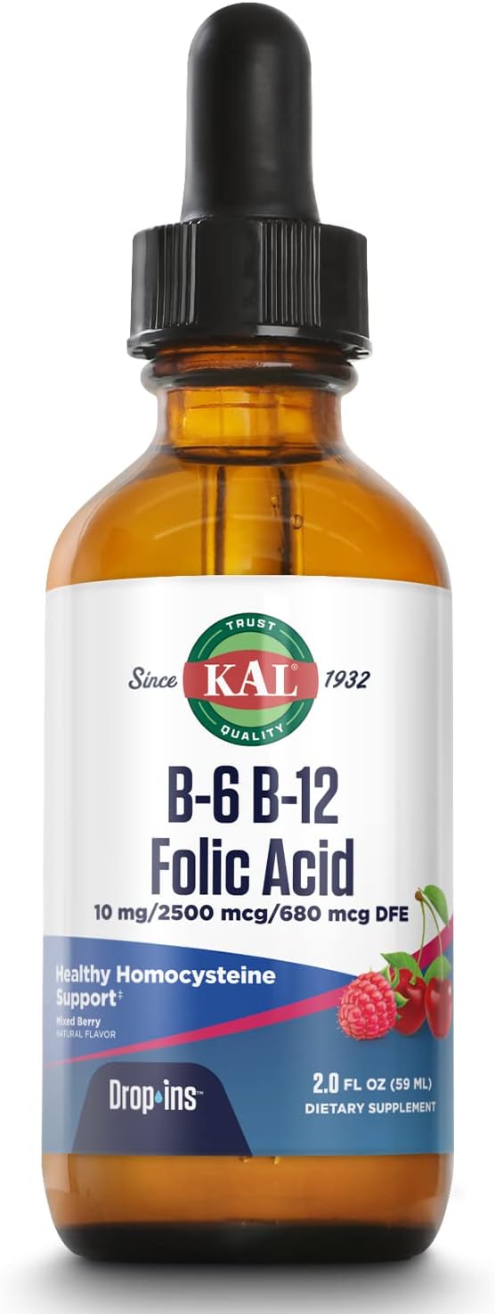 KAL Vitamin B-6 B-12 Folic Acid DropIns - Liquid Supplement with Methyl B12 and Methyl Folate, Natural Mixed Berry, 2fl oz (59 ml) - görsel 1