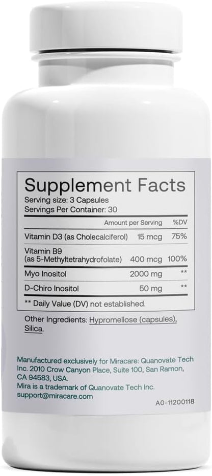 MIRA PCOS Supplement - Myo-Inositol & D-Chiro-Inositol 40:1 Ratio - Hormonal Balance & Ovarian Support - 90 Capsules