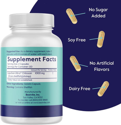 BESTVITE Liposan Ultra Chitosan 500mg (240 Capsules) – Patented Fast-Acting Chitosan – No Fillers