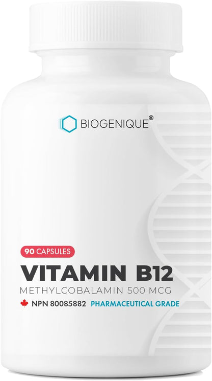 Biogenique Vitamin B12 - Methylcobalamin 500mcg for Energy Metabolism & Nervous System Support - Non-GMO, Gluten-Free, 90 Capsules