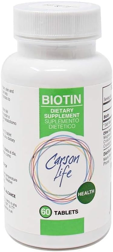 Carson Life Biotin Supplement Tablets for Men and Women, Hair, Skin and Nails Vitamin, Energy Metabolism Support, Unflavoured, 60 Count, Made in USA - görsel 1