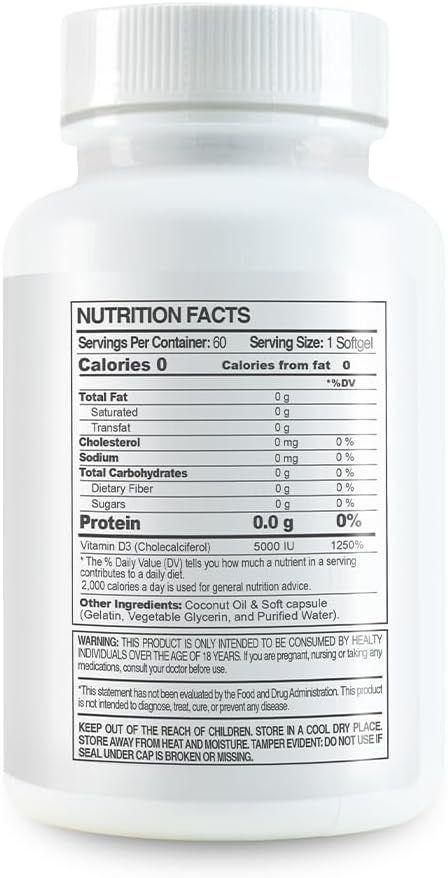 Premium Vitamin D3 5000 IU with Coconut Oil - 2 Pack (120 Softgels) - görsel 1