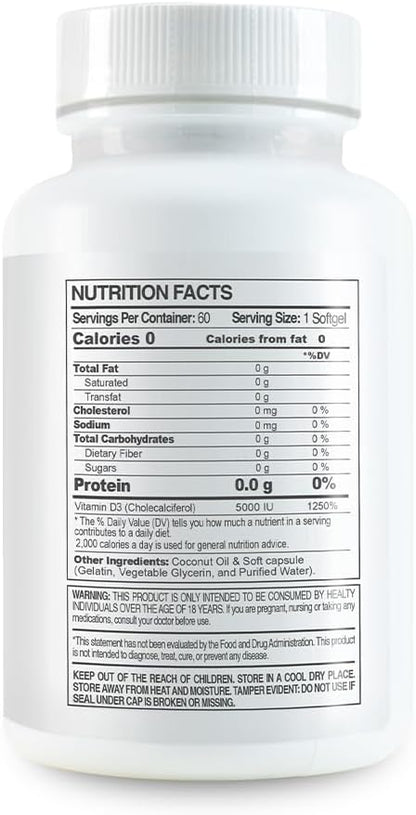 Premium Vitamin D3 5000 IU with Coconut Oil - 2 Pack (120 Softgels)