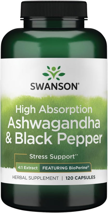 Swanson High Absorption Ashwagandha & Black Pepper – with Bioperine, 120 Capsules