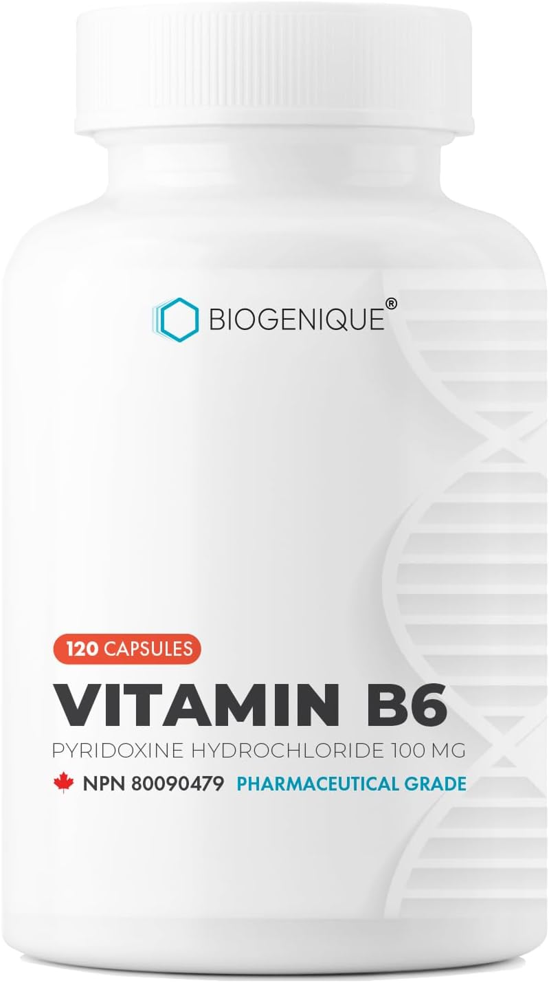 Biogenique Vitamin B6 100 mg - Pyridoxine Capsules - Contributes to Normal Energy Metabolism - 2-Month Supply - Vitamin B6 Food Supplement Made in Canada, Non-GMO, Vegan (120 Capsules) - görsel 1