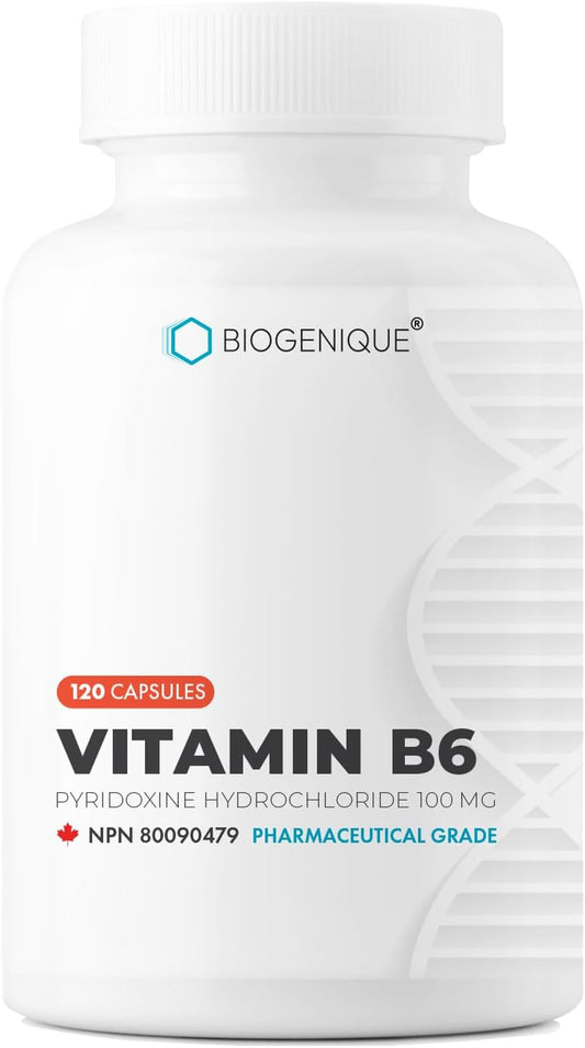 Biogenique Vitamin B6 100 mg - Pyridoxine Capsules - Contributes to Normal Energy Metabolism - 2-Month Supply - Vitamin B6 Food Supplement Made in Canada, Non-GMO, Vegan (120 Capsules)