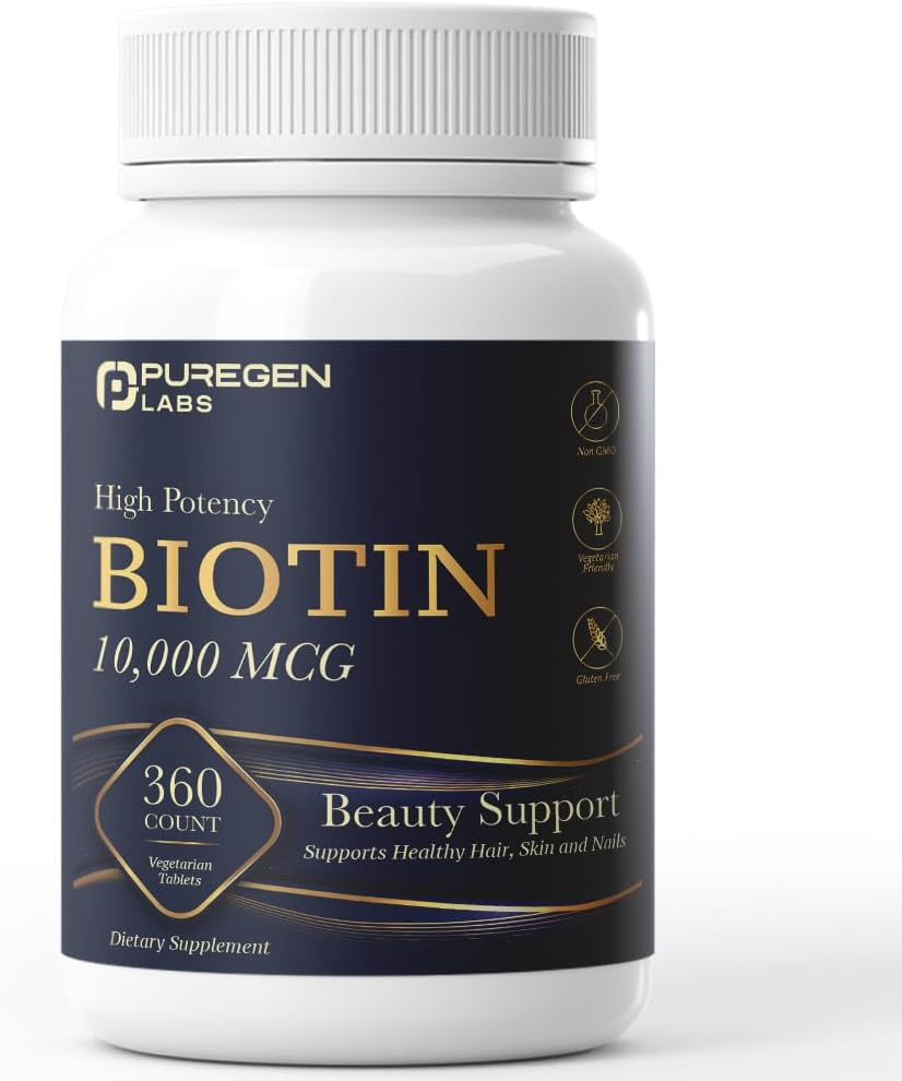 Puregen Labs Biotin 10,000 mcg – High Potency Beauty Support – 360 Vegetarian Tablets - görsel 1