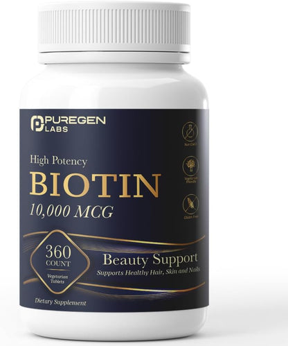 Puregen Labs Biotin 10,000 mcg – High Potency Beauty Support – 360 Vegetarian Tablets
