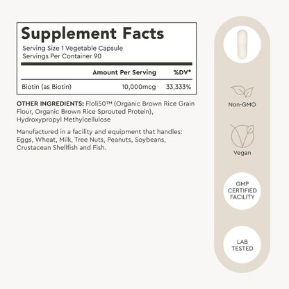 Alaya Biotin 10,000 mcg – Healthy Hair, Skin & Nails Food Supplement, Vegan, Non-GMO, 90 Capsules