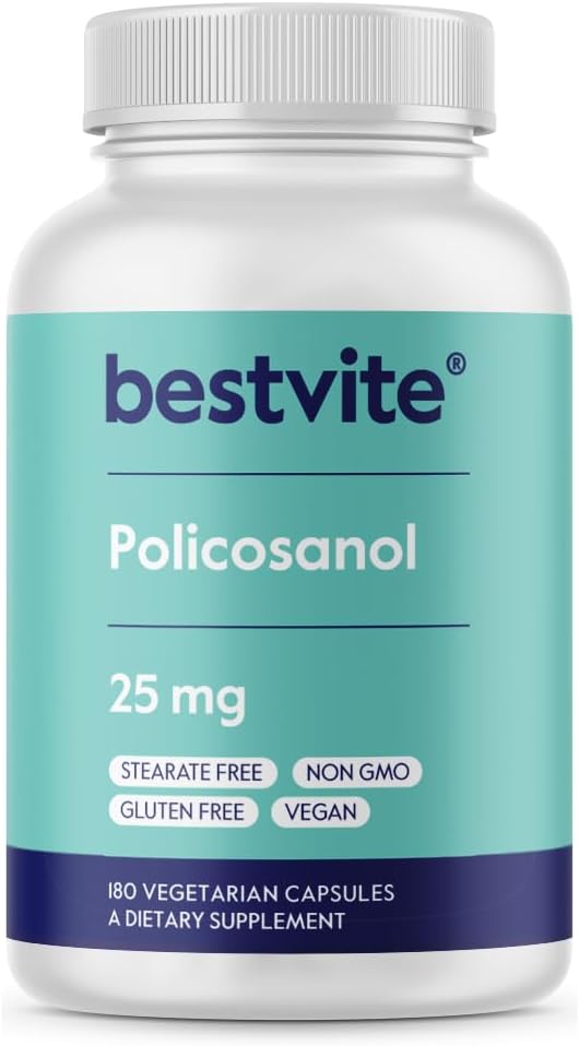 BESTVITE Policosanol 25mg (180 Vegetarian Capsules) - No Stearates, Vegan, Non-GMO, Gluten-free - görsel 1