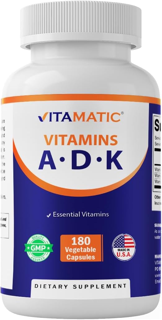Vitamatic ADK Vitamin Food Supplement, 180 Veg Capsules, High Strength Vitamins A, D3, K2 for Bone Health, Calcium Absorption, Non-GM, Gluten-free - görsel 1