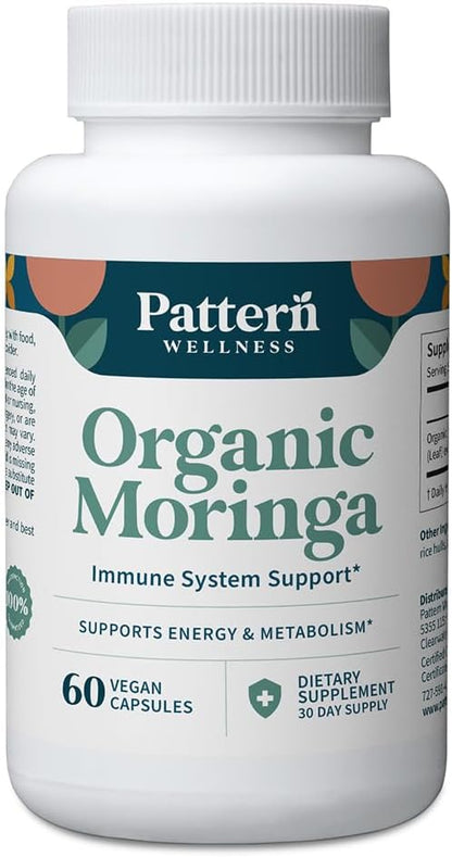 Pattern Wellness Organic Moringa Oleifera Supplement – Antioxidant Support & Cell Function – Whole Leaf Complete Formula – Vegan, Non-GMO – 60 Capsules