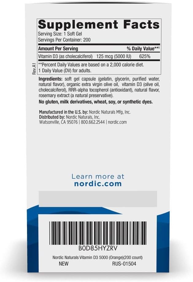 Nordic Naturals Vitamin D3 5000, Orange - 200 Mini Soft Gels - Support for Healthy Bones, Immune System, and Muscle Function - Vegetarian - Non-GM - 200 Servings - görsel 2