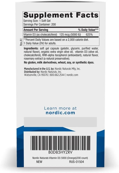 Nordic Naturals Vitamin D3 5000, Orange - 200 Mini Soft Gels - Support for Healthy Bones, Immune System, and Muscle Function - Vegetarian - Non-GM - 200 Servings