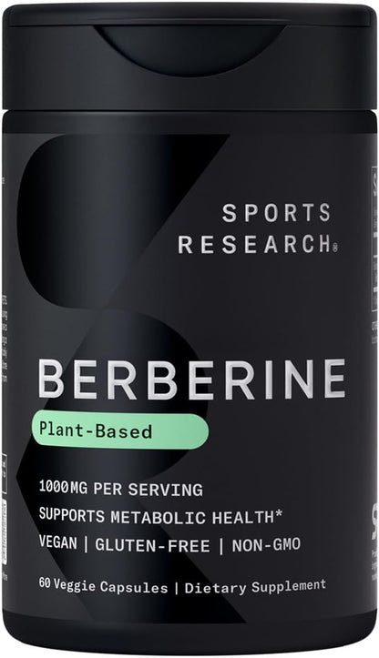 Sports Research Berberine - Herbal Ayurvedic Metabolic Support - 1000 mg - 60 Capsules - Vegan, Gluten-Free, Non-GMO