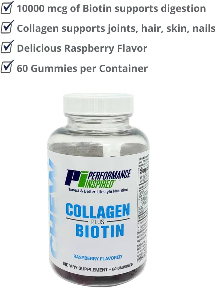 PERFORMANCE INSPIRED Nutrition Collagen + Biotin Gummies – Hydrolysed Marine Collagen – Supports Hair, Skin & Nails – Raspberry Flavour – 60 Count - görsel 4