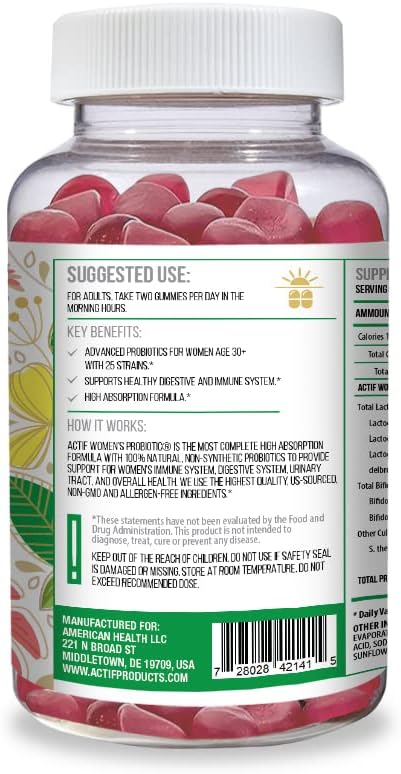 ACTIF Women's Probiotic Gummies Maximum Strength – 120 Billion CFU, 25 Strains, Vegan, Non-GM, 60 Gummies