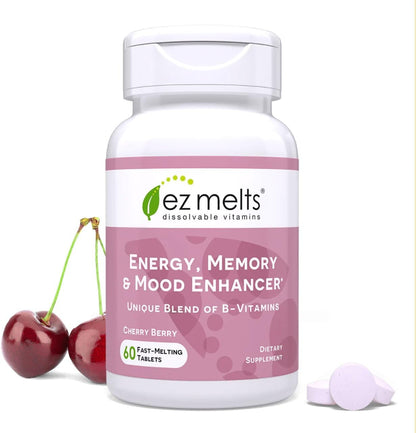 EZ Melts Energy, Memory & Mood Enhancer - B Vitamins Supplement with Vitamin B12, B6, Folic Acid & Biotin - Non-GMO & Vegan - Cherry Berry - 60 Dissolvable Tablets