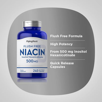 Piping Rock Niacin 500mg Flush Free | 240 Capsules | Vitamin B3 Food Supplement